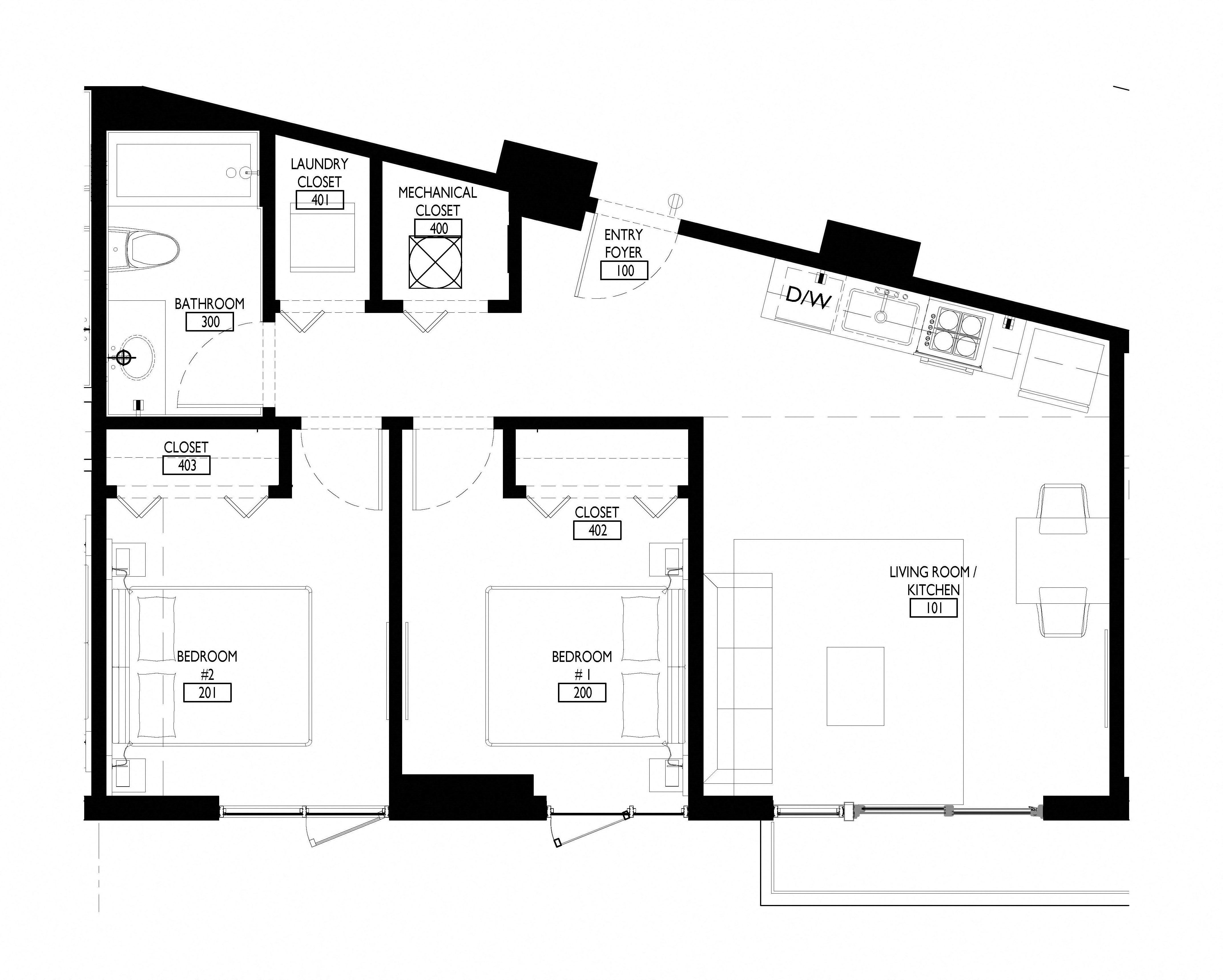 Floor plan for 2 beds, 1 bath, 774 sqft